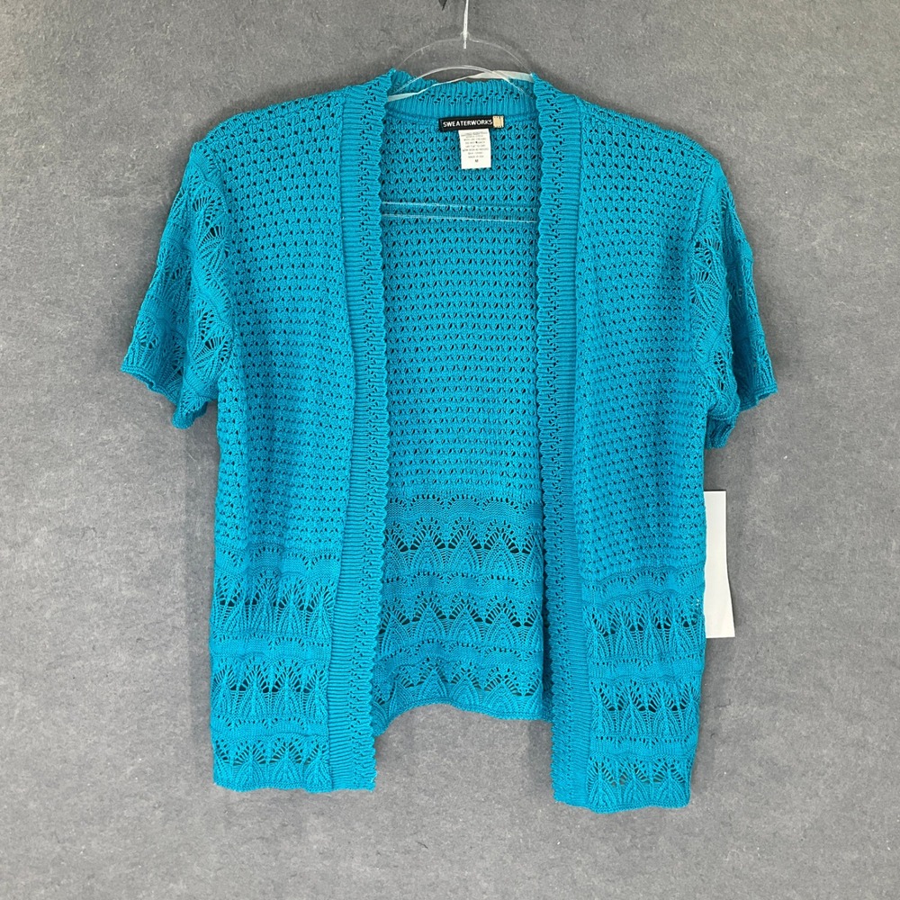 Sweaterworks‎ Crochet Knit Cardigan Top Turquoise Blue Short Sleeve Sz M